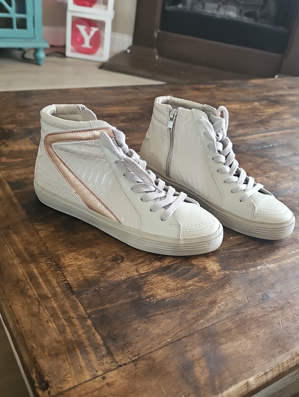 ShuShop Cream High-Top Sneakers with Rose Gold Accent